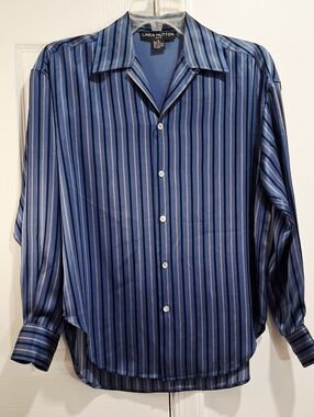 Linda Huttpn 100% Silk Blue Striped Button-Down Shirt